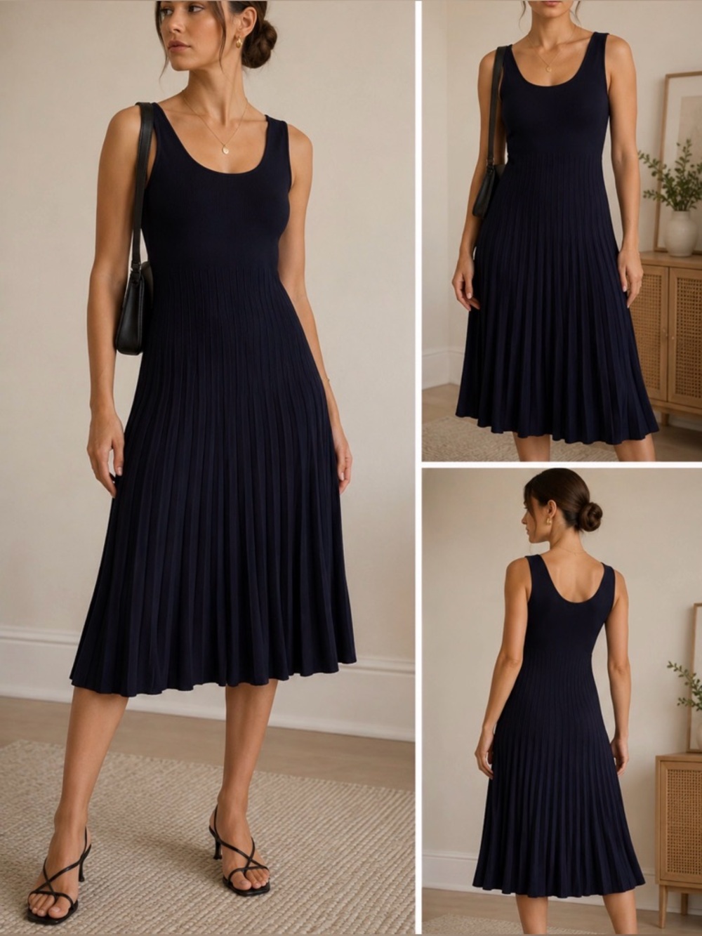 Elie Tahari Navy Knit Midi Dress Pleated Sleeveless Minimalist Quiet Luxury M